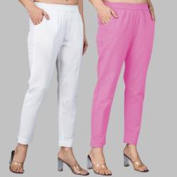 Combo of 2 Cotton White and Light Pink Women Regular Fit Solid Trousers-47494