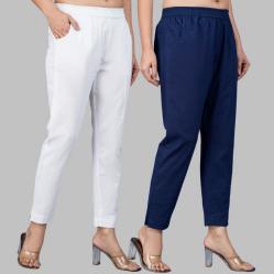 Combo of 2 Cotton White and Navy Blue Women Regular Fit Solid Trousers-47498