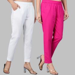 Combo of 2 Cotton White and Pink Women Regular Fit Solid Trousers-47489