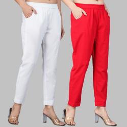 Combo of 2 Cotton White and Red Women Regular Fit Solid Trousers-47499