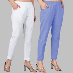 Combo of 2 Cotton White and Sky Blue Women Regular Fit Solid Trousers-47495