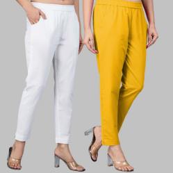 Combo of 2 Cotton White and Yellow Women Regular Fit Solid Trousers-47490