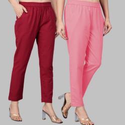 Combo of 2 Cotton Wine and Baby Pink Women Regular Fit Solid Trousers-47566