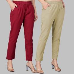 Combo of 2 Cotton Wine and Beige Women Regular Fit Solid Trousers-47572