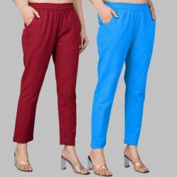 Combo of 2 Cotton Wine and Blue Women Regular Fit Solid Trousers-47568