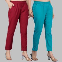 Combo of 2 Cotton Wine and Cyan Women Regular Fit Solid Trousers-47571