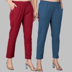 Combo of 2 Cotton Wine and Denim Women Regular Fit Solid Trousers-47575