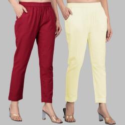Combo of 2 Cotton Wine and Lemon Yellow Women Regular Fit Solid Trousers-47567