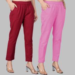 Combo of 2 Cotton Wine and Light Pink Women Regular Fit Solid Trousers-47569