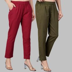 Combo of 2 Cotton Wine and Mehndi Green Women Regular Fit Solid Trousers-47563