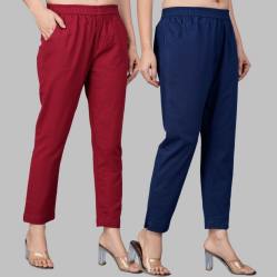 Combo of 2 Cotton Wine and Navy Blue Women Regular Fit Solid Trousers-47573
