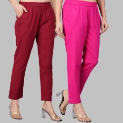 Combo of 2 Cotton Wine and Pink Women Regular Fit Solid Trousers-47564