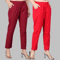 Combo of 2 Cotton Wine and Red Women Regular Fit Solid Trousers-47574