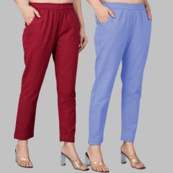 Combo of 2 Cotton Wine and Sky Blue Women Regular Fit Solid Trousers-47570