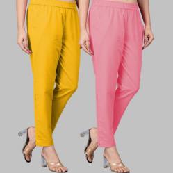 Combo of 2 Cotton Yellow and Baby Pink Women Regular Fit Solid Trousers-47599