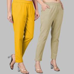 Combo of 2 Cotton Yellow and Beige Women Regular Fit Solid Trousers-47605