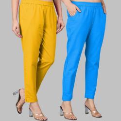 Combo of 2 Cotton Yellow and Blue Women Regular Fit Solid Trousers-47601