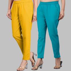 Combo of 2 Cotton Yellow and Cyan Women Regular Fit Solid Trousers-47604