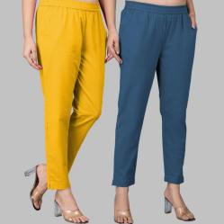 Combo of 2 Cotton Yellow and Denim Women Regular Fit Solid Trousers-47608