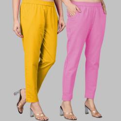 Combo of 2 Cotton Yellow and Light Pink Women Regular Fit Solid Trousers-47602