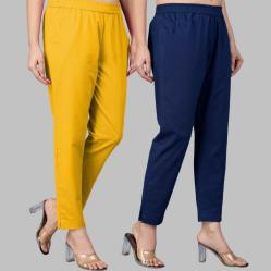 Combo of 2 Cotton Yellow and Navy Blue Women Regular Fit Solid Trousers-47606