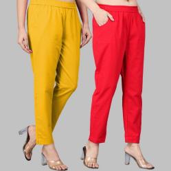 Combo of 2 Cotton Yellow and Red Women Regular Fit Solid Trousers-47607