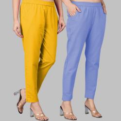 Combo of 2 Cotton Yellow and Sky Blue Women Regular Fit Solid Trousers-47603