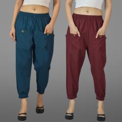 Combo of 2 Denim and Maroon Pure Cotton Four Pocket Cargo Pants-45530