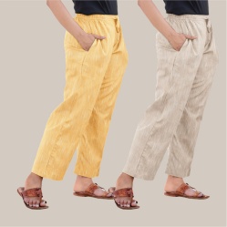 Combo of 2 Handloom Cotton Women Regular Pant Beige and Yellow-39883