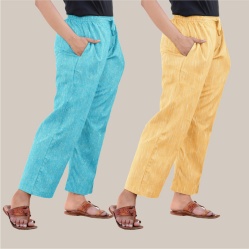Combo of 2 Handloom Cotton Women Regular Pant Cyan and Yellow-39878
