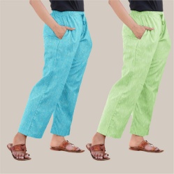 Combo of 2 Handloom Cotton Women Regular Pant Parrot Green and Cyan-39924