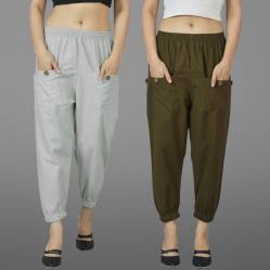 Combo of 2 Light Gray and Mehndi Green Pure Cotton Four Pocket Cargo Pants-45522