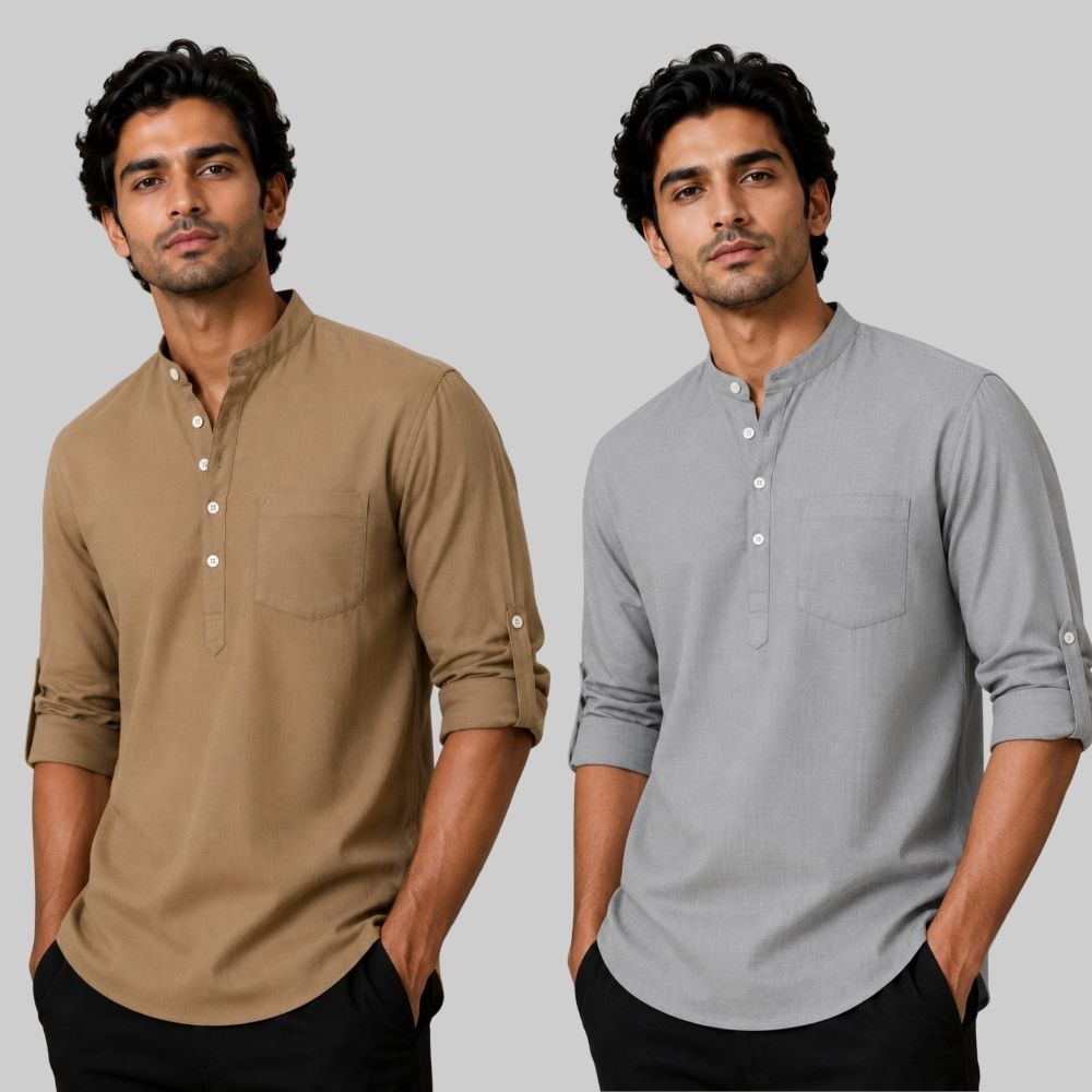 Combo of 2 Linen Solid Short Kurta Brown and Off White-51106