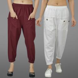 Combo of 2 Maroon and White Pure Cotton Four Pocket Cargo Pants-45520