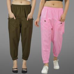 Combo of 2 Mehndi Green and Baby Pink Pure Cotton Four Pocket Cargo Pants-45514