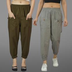 Combo of 2 Mehndi Green and Gray Pure Cotton Four Pocket Cargo Pants-45512