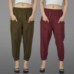 Combo of 2 Mehndi Green and Maroon Pure Cotton Four Pocket Cargo Pants-45513