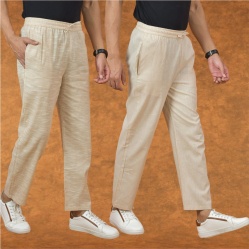 Combo of 2 Men Cream Beige Cotton Handloom Solid Pant-15052