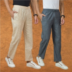 Combo of 2 Men Gray Beige Cotton Handloom Solid Pant-15056