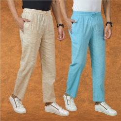 Combo of 2 Men Sky Blue Beige Cotton Handloom Solid Pant-15054