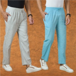 Combo of 2 Men Sky Blue White Cotton Handloom Solid Pant-15061