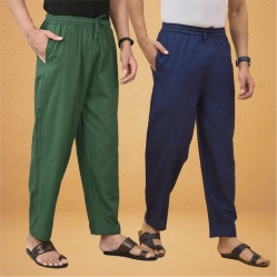 Combo of 2 Men Solid Cotton Flex Pant Bottle Green Navy Blue-15527