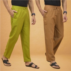 Combo of 2 Men Solid Cotton Flex Pant Brown Olive Green-15498