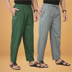 Combo of 2 Men Solid Cotton Flex Pant Gray Bottle Green-15535