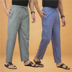 Combo of 2 Men Solid Cotton Flex Pant Gray Sky Blue-15522