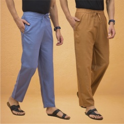 Combo of 2 Men Solid Cotton Flex Pant Sky Blue Brown-15503