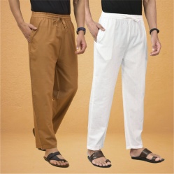 Combo of 2 Men Solid Cotton Flex Pant White Brown-15520