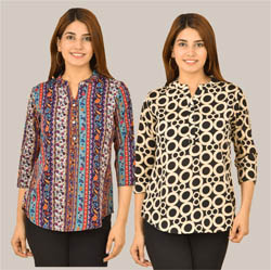 Combo of 2 Multicolor and Beige Crepe Women Printed Top-38583