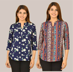 Combo of 2 Multicolor and Navy Blue Crepe Women Printed Top-38582