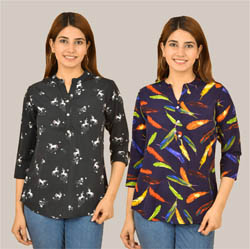 Combo of 2 Navy Blue and Black Crepe Women Printed Top-38553